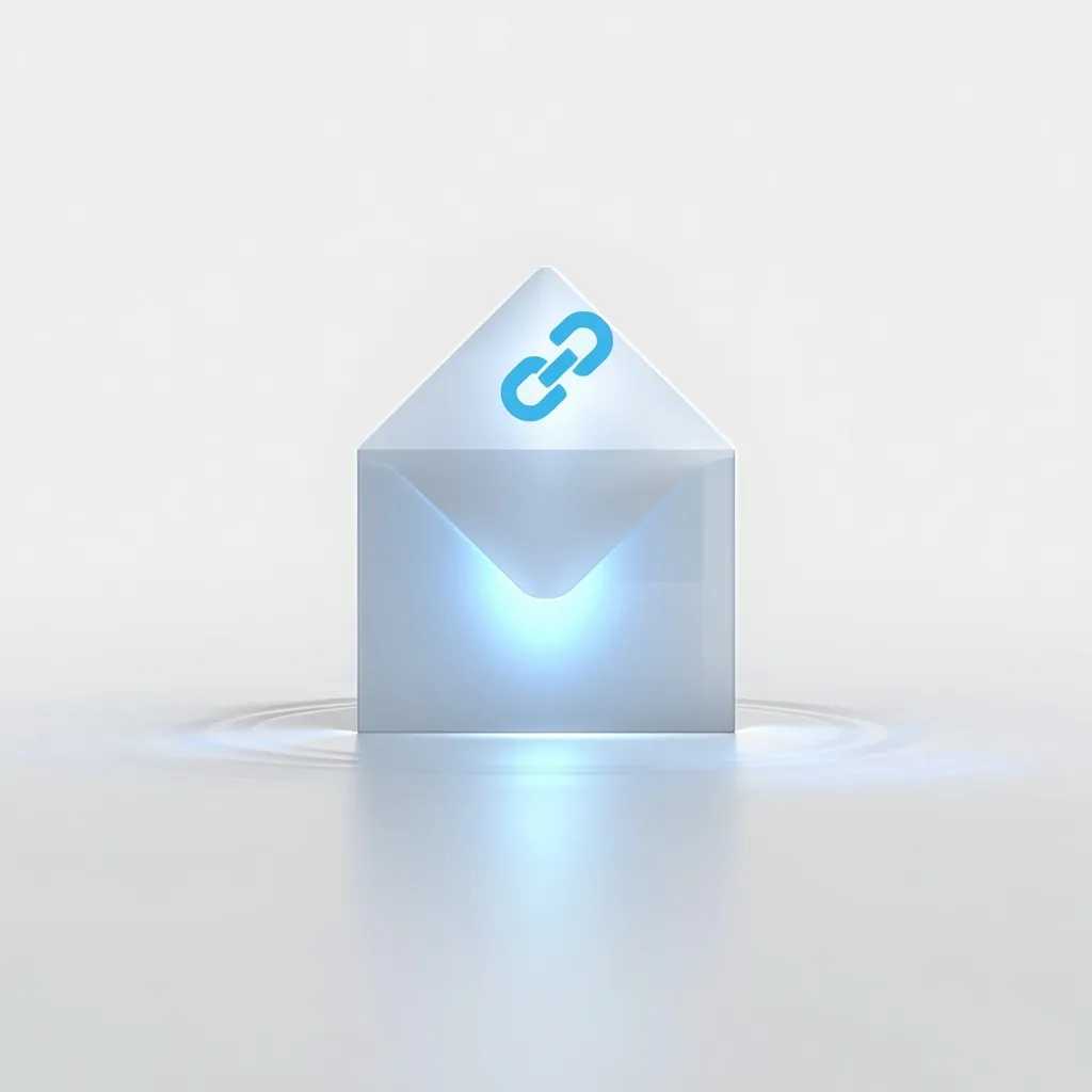 Frosted glass envelope z świecącą ikoną linku — symbol klikalnych linków i dostarczalności emaili