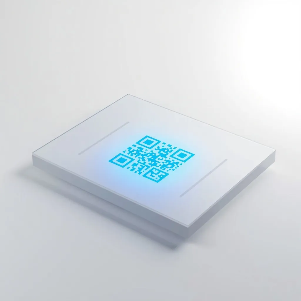 Frosted glass faktura z prominentnym świecącym QR code — symbol śledzonej bramy z zamrożonego dokumentu papierowego