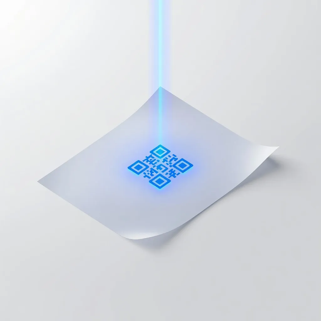 Frosted glass flyer z prominentnym świecącym QR code i pionowym promieniem światła — symbol analityki offline-to-digital