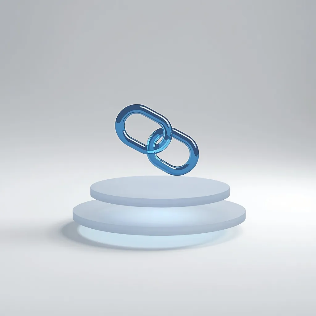 Frosted glass plates stacked as foundation with a glowing blue chain link hovering above — symbol infrastruktury redirectów jako fundament linków
