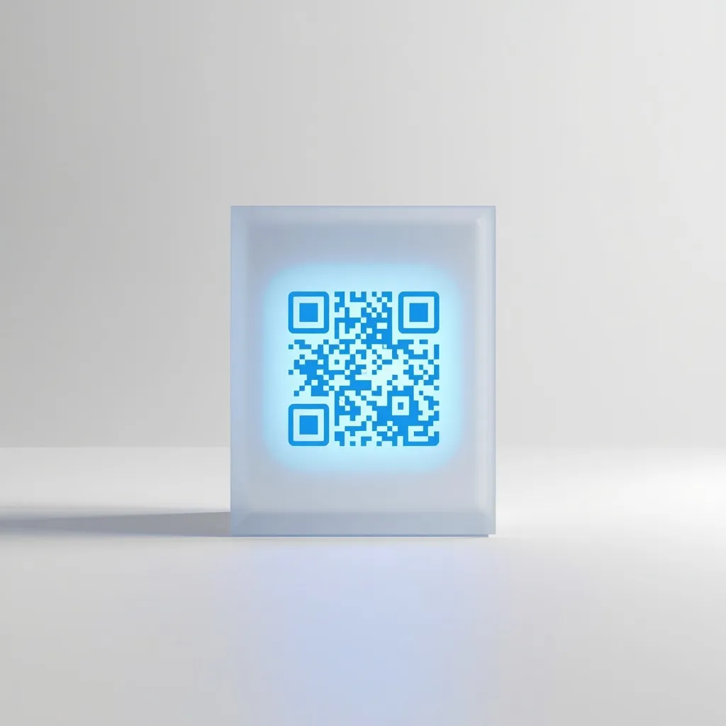 Frosted glass opakowanie produktu z prominentnym świecącym QR code na froncie — symbol inteligentnego, śledzonego packagingu retail